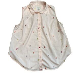 A New Day Sleeveless Blouse Button Down Cocktails Print Light Pink Size XL
